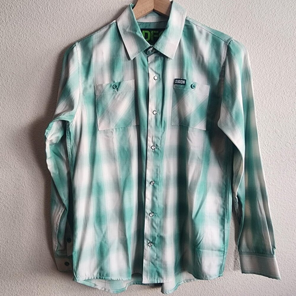 Dixxon Shirt Youth XL Mint Green White Plaid Button Front Snap Western Casual